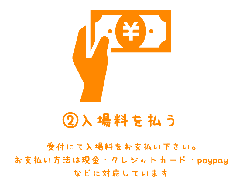 ２．入場料を払う！受付にて入場料をお支払いください。通常の入場料に加えて１ドリンクを追加で購入すれば先行入場ができます。